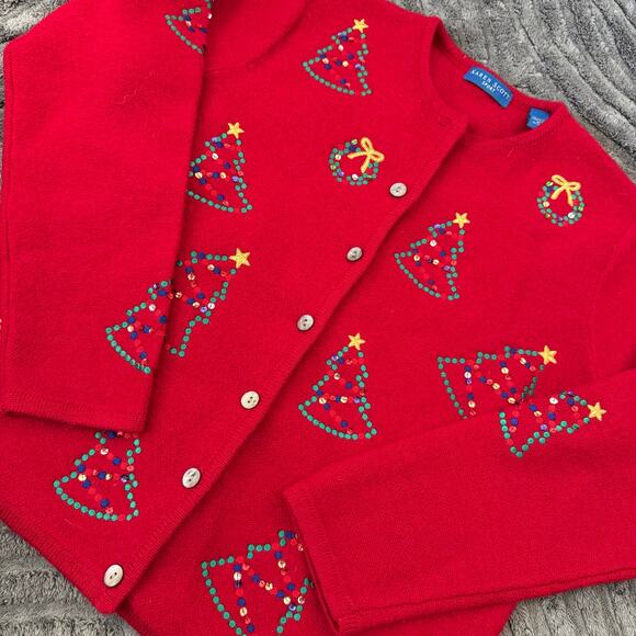 Vintage Sweaters - Wool Blend Red Sequin Christmas Novelty Vintage Holiday Sweater Cardigan 90’s